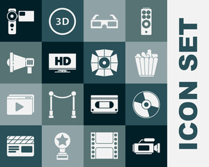 Set Cinema camera, CD or DVD disk, Popcorn box, 3D cinema glasses, Smart display with HD video, Megaphone, and Movie spotlight icon. Vector