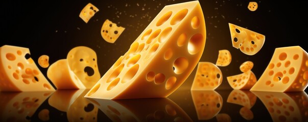 Delicious pieces of luxury cheese with holes, flowing on dark panorama background. Generative Ai.