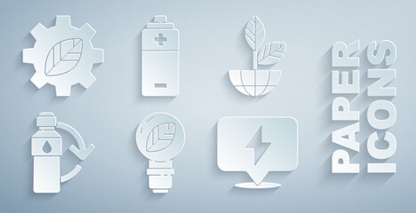 Set Light bulb with leaf, Earth globe and plant, Recycling plastic bottle, Lightning bolt, Battery and Leaf gear machine icon. Vector