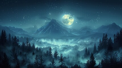 Realistic photo. Mountain view, in wilderness, look from high, beautiful sky night with lighting moon 