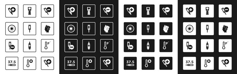 Set Digital thermometer, Sun, High human body temperature, Meteorology and icon. Vector
