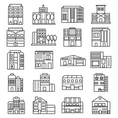 Buildings line icon set. Bank, school, courthouse, university, library. Architecture concept. Can be used for topics like office, city, real estate