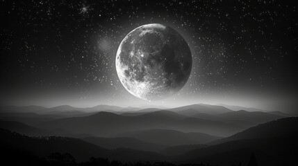 Fototapeta na wymiar Realistic photo. Mountain view, in wilderness, look from high, beautiful sky night with lighting moon 