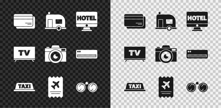 Set Credit card, Rv Camping trailer, Online hotel booking, Taxi roof, Airline ticket, Binoculars, Smart Tv and Photo camera icon. Vector