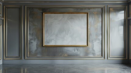 A rectangular large empty painting in a gold frame hanging on a gray wall.