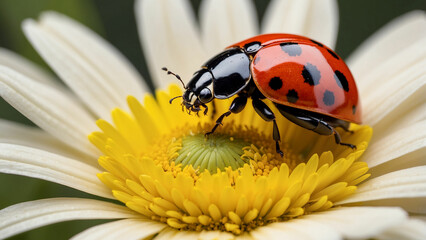 
A beautiful shot a curious ladybug examining the intricate details of a colorful daisy and its black spots standing out against the petals