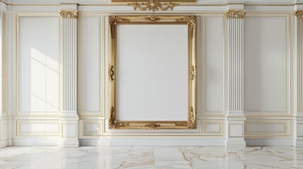 A rectangular large empty painting in a gold frame hanging on a white wall. - obrazy, fototapety, plakaty