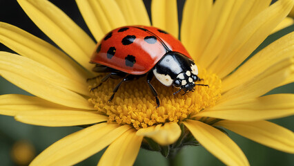Fototapeta premium A beautiful shot a curious ladybug examining the intricate details of a colorful daisy and its black spots standing out against the petals