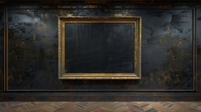 A rectangular large empty painting in a gold frame hanging on a black wall.