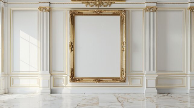 A rectangular large empty painting in a gold frame hanging on a white wall.