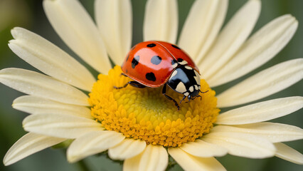 Fototapeta premium A beautiful shot a curious ladybug examining the intricate details of a colorful daisy and its black spots standing out against the petals