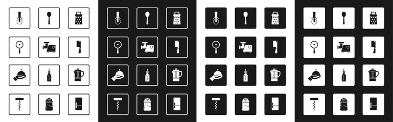 Set Grater, Kitchen meat grinder, Frying pan, Pizza knife, Meat chopper, Spoon, Teapot and Covered with tray icon. Vector