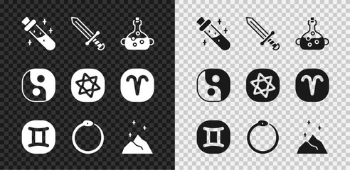 Set Bottle with potion, Medieval sword, Poison in bottle, Gemini zodiac, Ouroboros, Magic powder, Yin Yang and Tarot cards icon. Vector