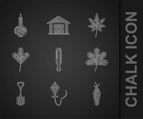 Set Meteorology thermometer, Kite, Carrot, Leaf leaves, Shovel, and Onion icon. Vector