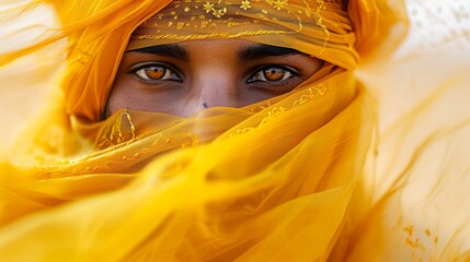 Portrait of a beautiful young Indian woman in yellow sari - obrazy, fototapety, plakaty