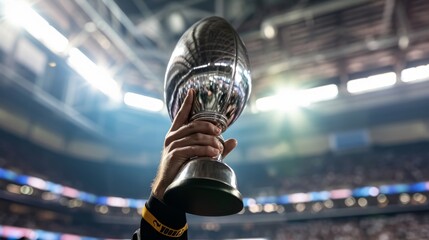 Cropped image of a male hand holding a trophy against blurred stadium