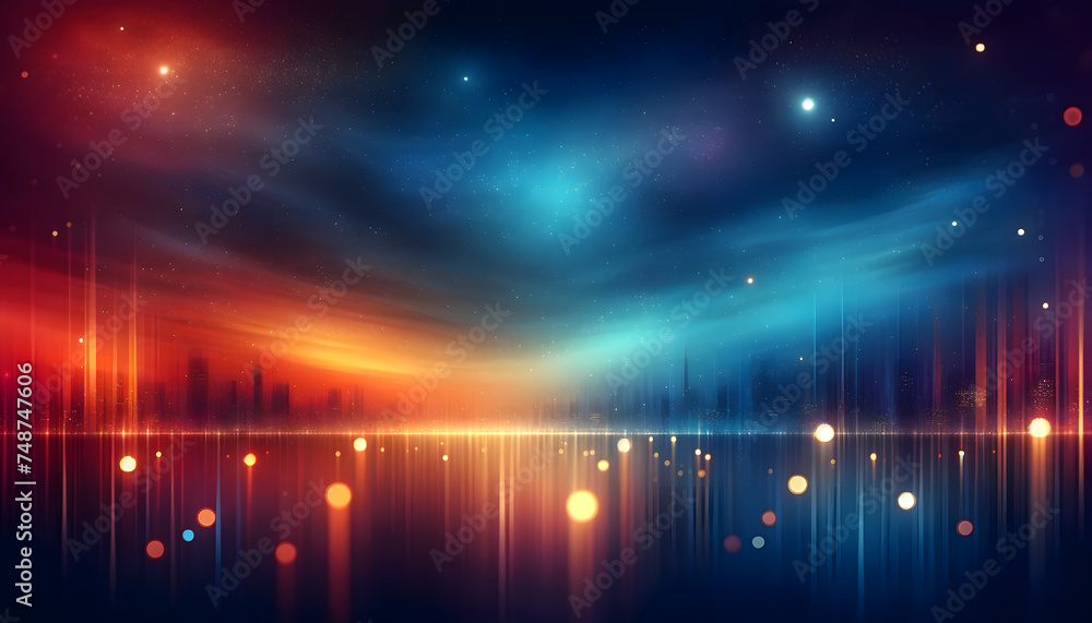 Poster an abstract background with a gradient of colors from deep blues to vibrant oranges and simulating a