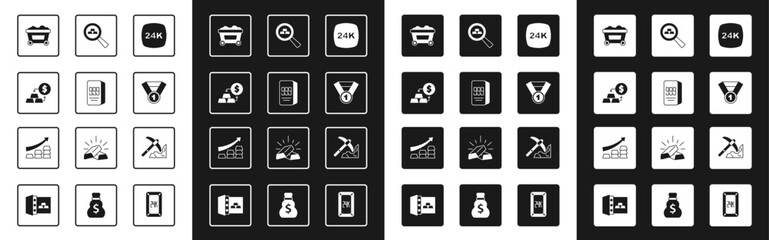 Set Gold bars 24k, exchange money, Mine cart with gold, medal, mining and Growth arrow icon. Vector