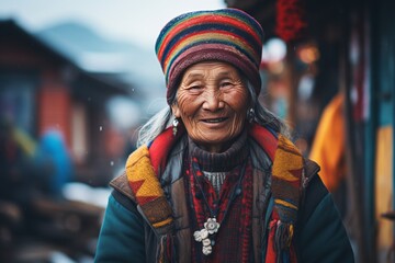 Happy elderly asian woman smiling in close up portrait with urban street background