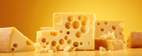 Delicious pieces of gold luxury cheese with holes on yellow background, panorama. Generative Ai.