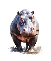 Fototapeta premium Watercolor illustration of a hippopotamus isolated on white background.