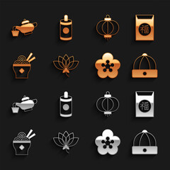 Set Lotus flower, Chinese New Year, hat, Asian noodles bowl, paper lantern, tea ceremony and Firework icon. Vector