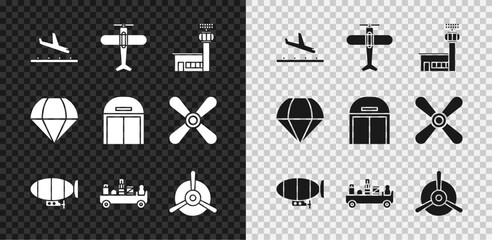 Set Plane landing, Airport control tower, Airship, luggage towing truck, propeller, Parachute and Aircraft hangar icon. Vector - obrazy, fototapety, plakaty