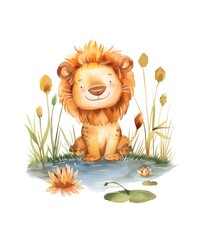 Watercolor illustration of a cute little lion sits near a pond isolated on white background. - obrazy, fototapety, plakaty