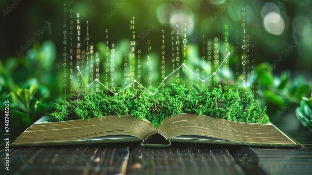 Poster a book with pages turning into digital screens showing green finance analytics.