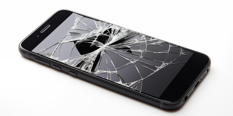 Mobile smartphone with broken screen isolated on white.