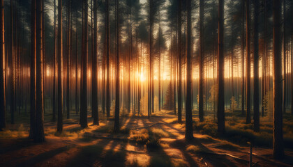A serene forest scene during sunset. Tall pine trees fill the landscape, their trunks standing tall and straight, creating long shadows on the forest