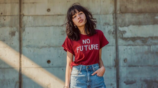 adolescente habill&eacute;e en style grunge avec un T-shirt rouge avec le texte "NO FUTURE" - fond gris