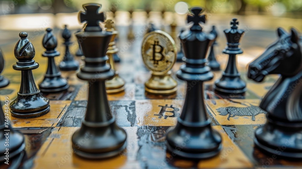 Poster a chessboard with pieces representing different aspects of cryptocurrency and regulators.