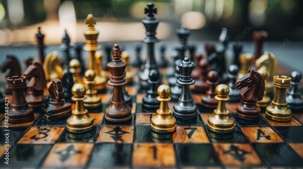 Poster a chessboard with pieces representing different aspects of cryptocurrency and regulators.