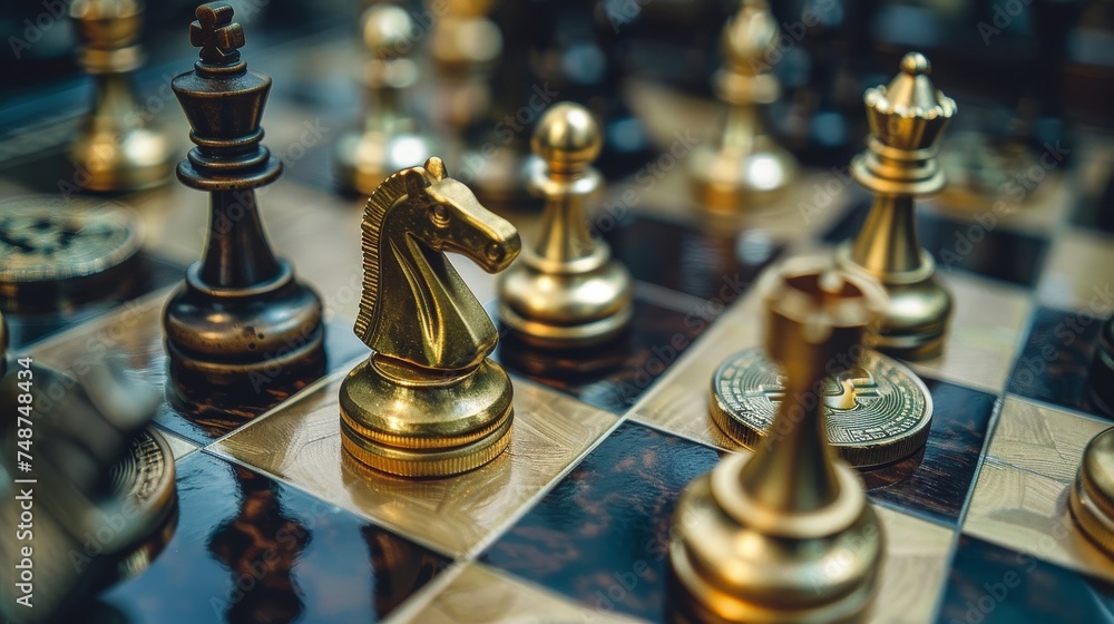 Aufkleber a chessboard with pieces representing different aspects of cryptocurrency and regulators.