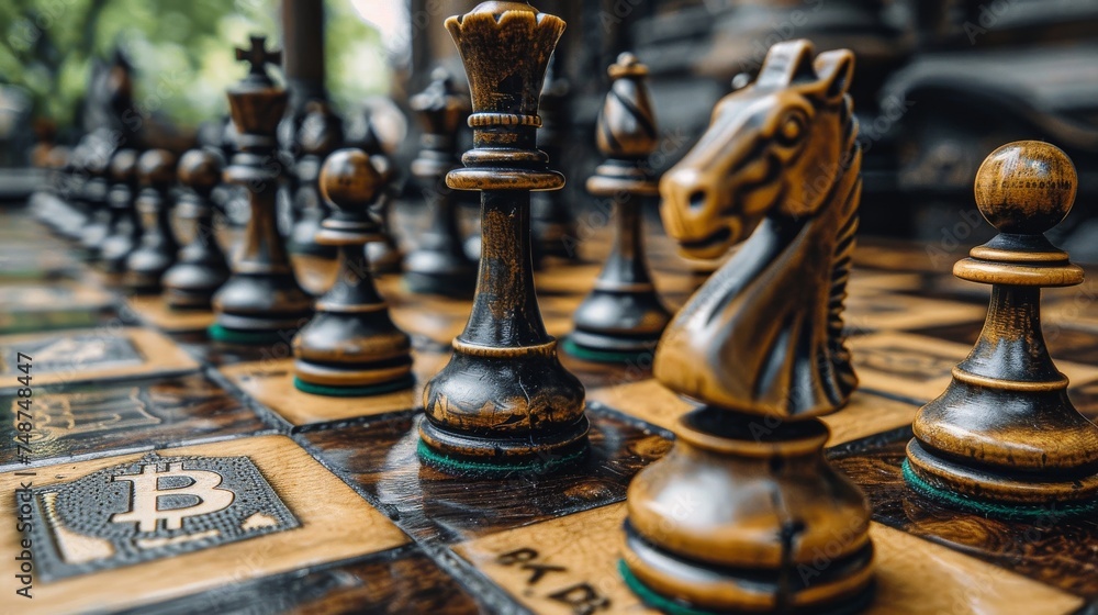 Aufkleber a chessboard with pieces representing different aspects of cryptocurrency and regulators.