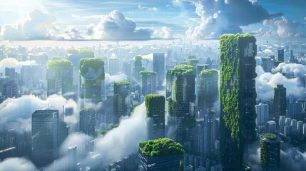 Fototapeta na wymiar A cityscape with green roofs and blockchain digital clouds above.