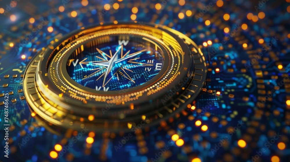 Poster a compass with a blockchain pattern guiding toward a sustainable future.