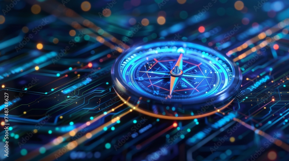 Aufkleber a compass with a blockchain pattern guiding toward a sustainable future.