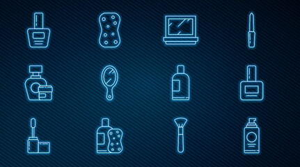 Set line Spray can for hairspray, Nail polish bottle, Makeup powder with mirror, Hand, Cream lotion cosmetic tube, Bottle of shampoo and Sponge bubbles icon. Vector