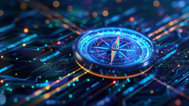 A compass with a blockchain pattern guiding toward a sustainable future.