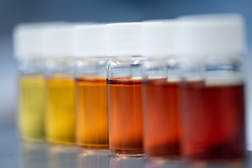 Several samples containing orange solution. Close up photo of chemical glass tube in a row. 