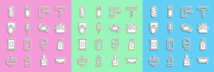 Set line Bathtub, Bottle of shampoo, Basin with soap suds, Water tap, Sanitary tampon, Cleaning service, Sponge and Bar icon. Vector