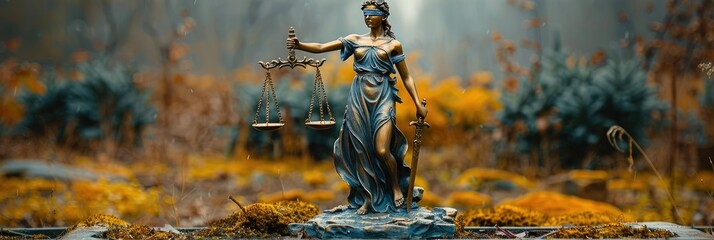 Statue of justice on the background of the autumn forest. Scales of justice - obrazy, fototapety, plakaty