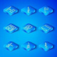 Set line Submachine gun M3, Hunting shop weapon, Bayonet rifle, Bullet, Wooden axe, Buying assault and icon. Vector