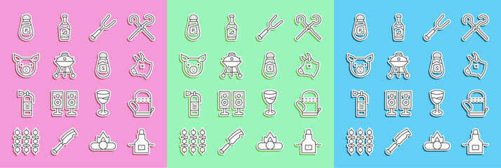 Set line Kitchen apron, Oven glove, Cow head, Barbecue fork, grill, Pig, Pepper and Salt icon. Vector