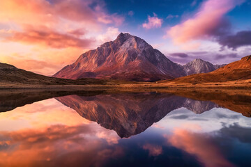 a breathtaking view of a mountain landscape at sunset, reflected in a serene lake. The sky is...