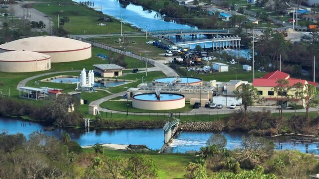 Water cleaning facility at wastewater treatment plant. Purification process of removing undesirable chemicals, suspended solids and gases from contaminated liquid.
