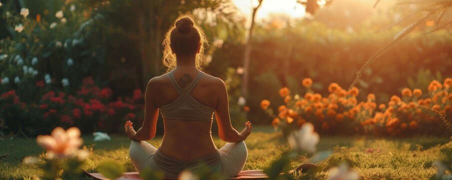 Woman doing a yoga in beautiful garden rear view.