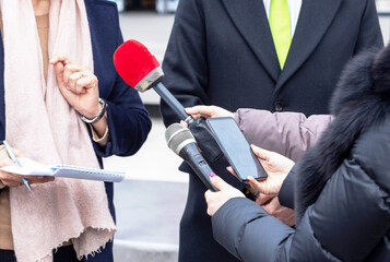 Press conference, media interview or news event. Public relations concept.